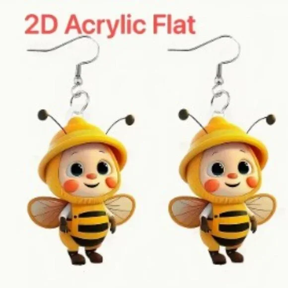 2D Flat Cute Bee Earrings High-Quality Acrylic Stainless Steel Hooks Lightweight - Picture 2 of 4